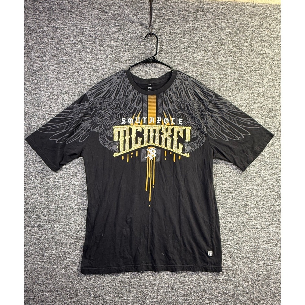 1991 Southpole Men's 3XB Black Graphic T-Shirt Gold Foil Snake Wings Streetwear